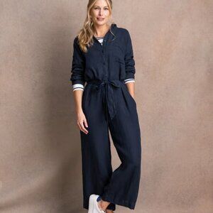NEW MONOPRIX PREMIUM Pure Linen Long Sleeve Jumpsuit in Navy size M